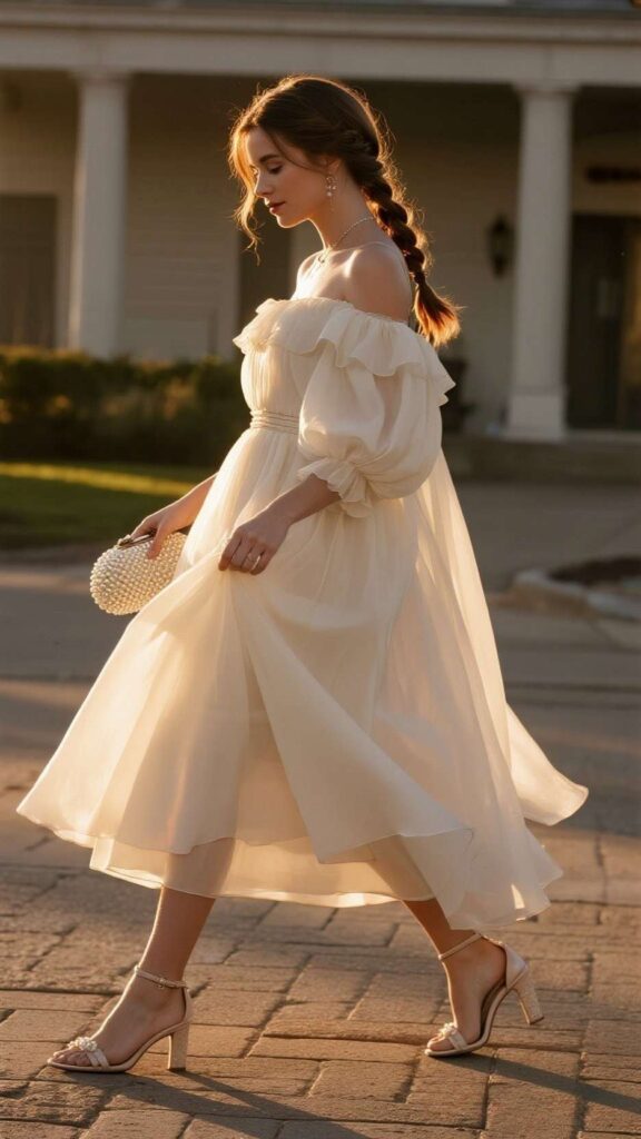 Side braid + off-shoulder puff-sleeve dress + chiffon shawl + pearl clutch + slingback heels