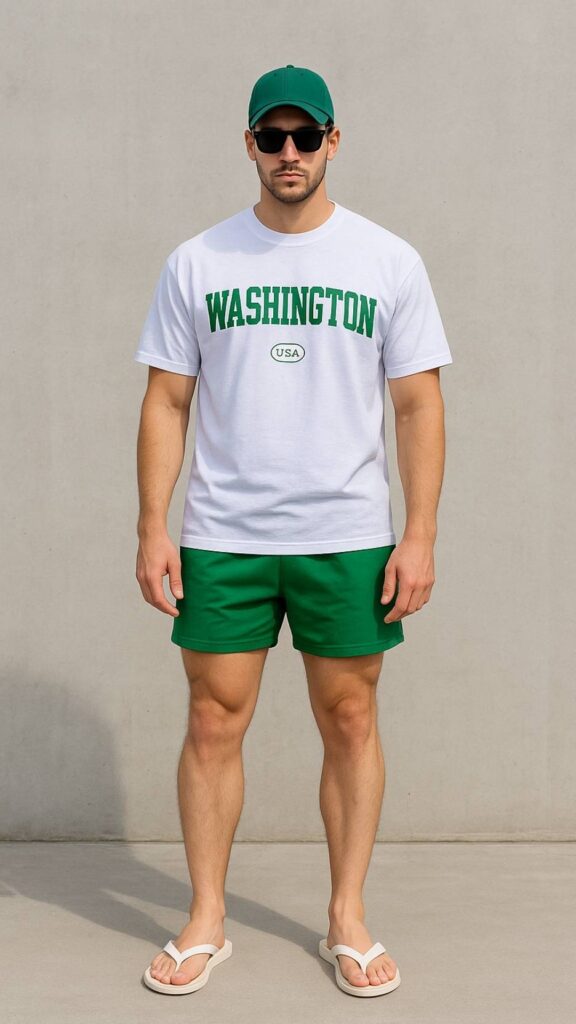 Green Cap + White Graphic T-Shirt + Green Shorts + White Flip-Flops + White Tote
