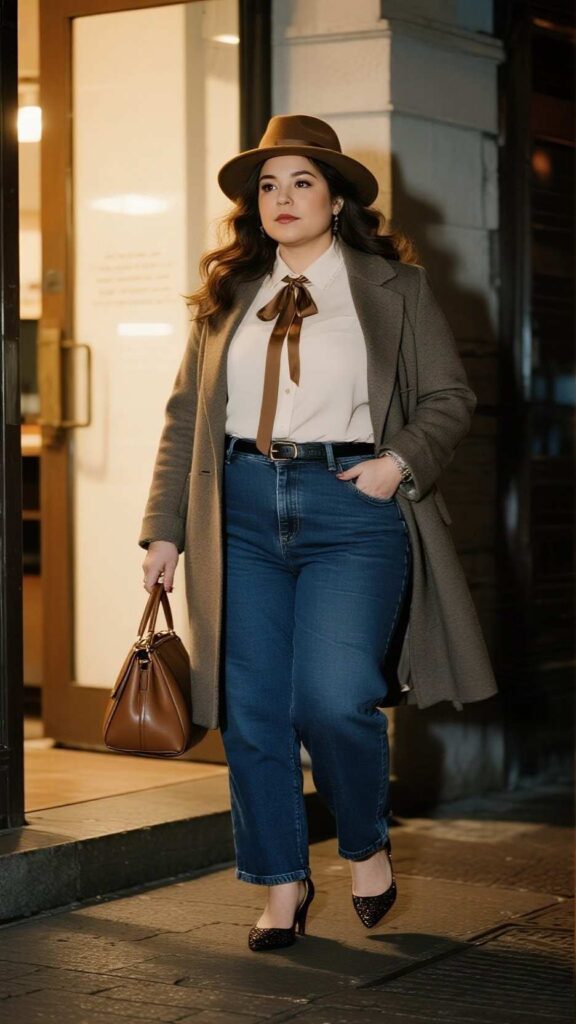 Felt Hat + Longline Blazer + Tie-Neck Blouse + Wide-Leg Jeans + Block-Heel Pumps + Top-Handle Bag