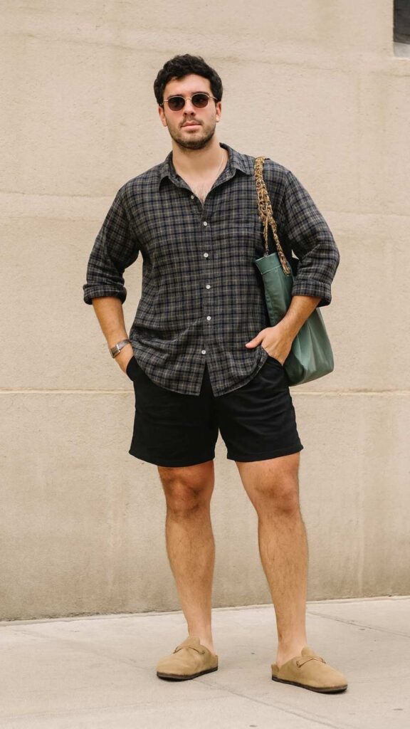 Black Plaid Shirt + Black Shorts + Beige Suede Clogs + Leopard Strap Tote + Round Sunglasses