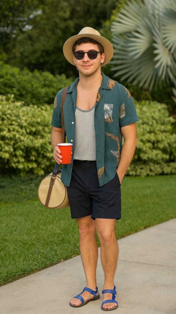 Green Floral Shirt + Gray Tank Top + Black Rolled Shorts + Blue Sandals + Straw Hat