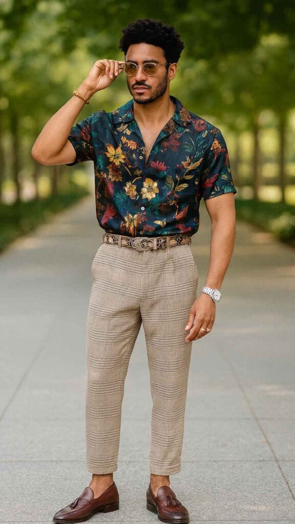 Dark Teal Floral Satin Shirt + Beige Glen-Plaid Trousers + Snakeskin Belt + Burgundy Loafers