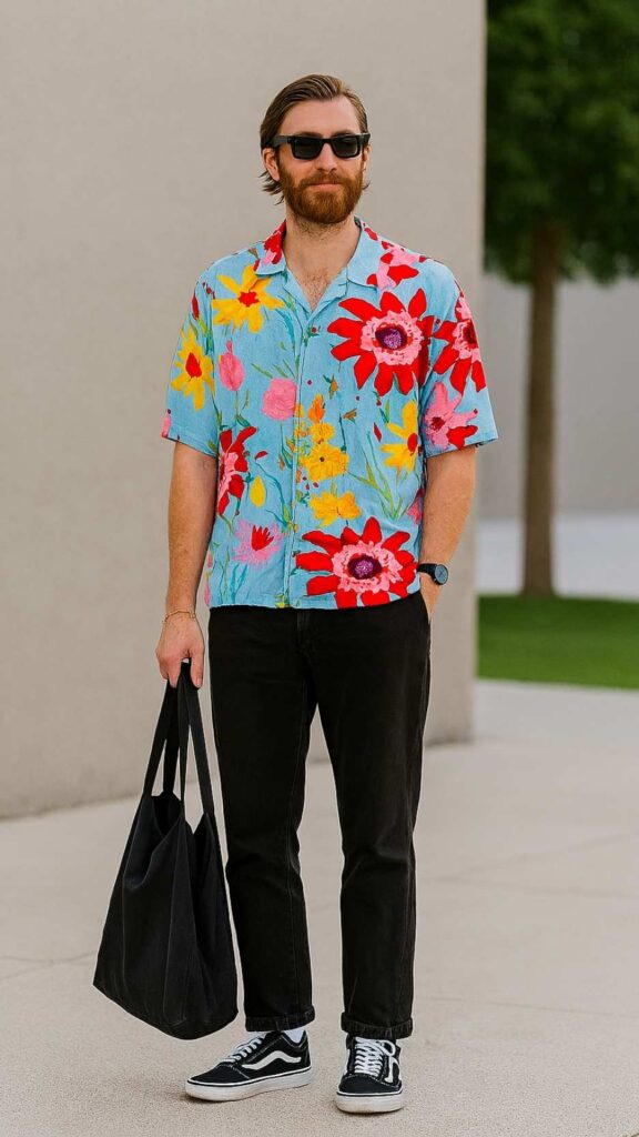 Sky-Blue Oversized Floral Shirt + Black Slim Jeans + Black Canvas Sneakers + Black Tote