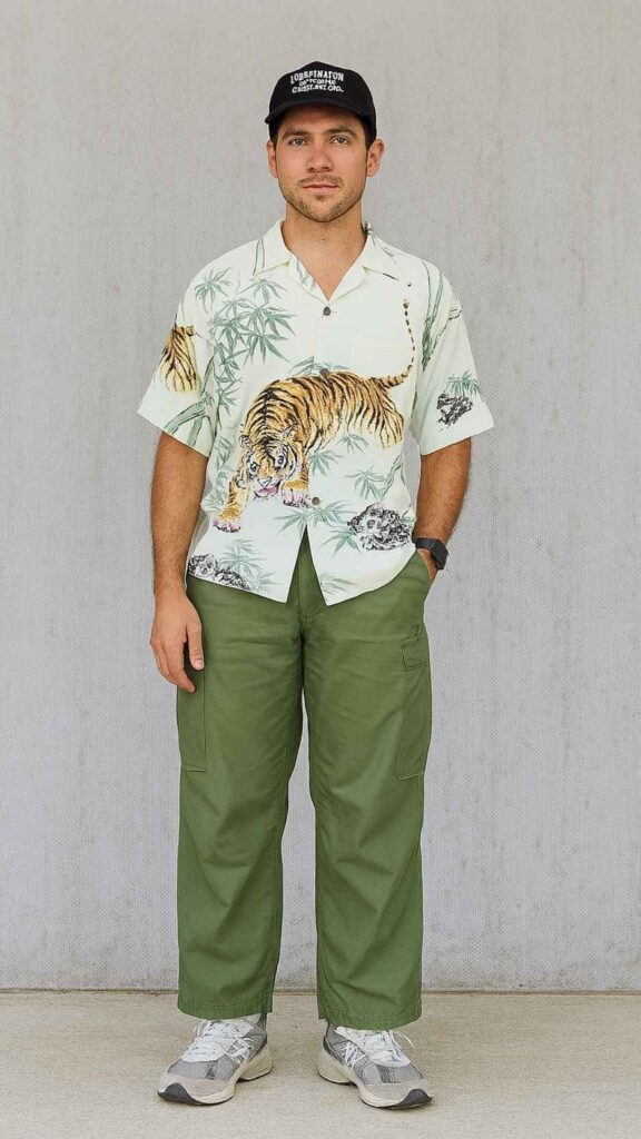 Black Logo Cap + Mint Tiger Bamboo Shirt + Olive Wide Cargo Pants + Grey Dad Sneakers