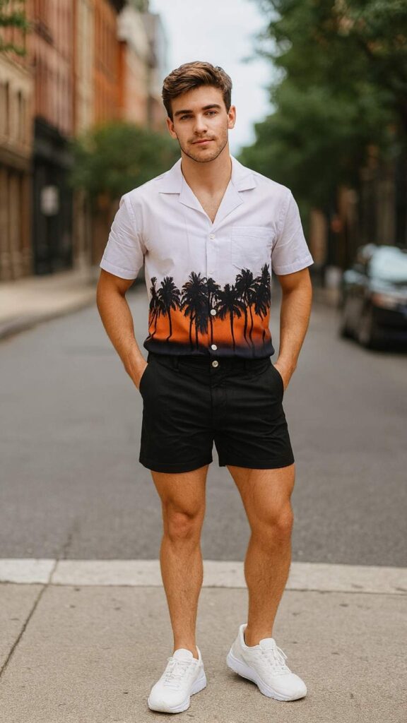 Sunset Palm Gradient Shirt + Black Tailored Shorts + White Chunky Trainers