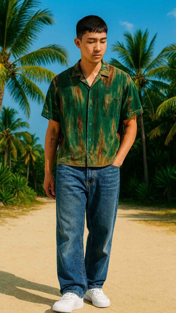 Green Abstract-Dye Camp Shirt + Relaxed Blue Jeans + White Low-Top Sneakers