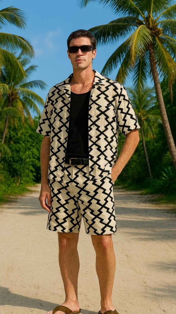 Black Rectangle Sunglasses + Ivory Zig-Zag Camp Shirt + Matching Zig-Zag Shorts + Black Tank + Cream Cup-Sole Sneakers
