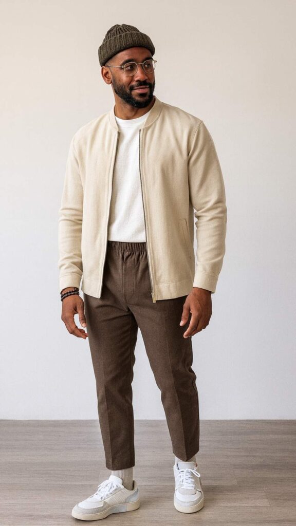 Light-Beige Collarless Coat + White Tee + Brown Cropped Drawstring Trousers + Light-Grey Sneakers + Grey Ribbed Socks + Brown Beanie + Clear Eyeglasses + Bead Bracelet