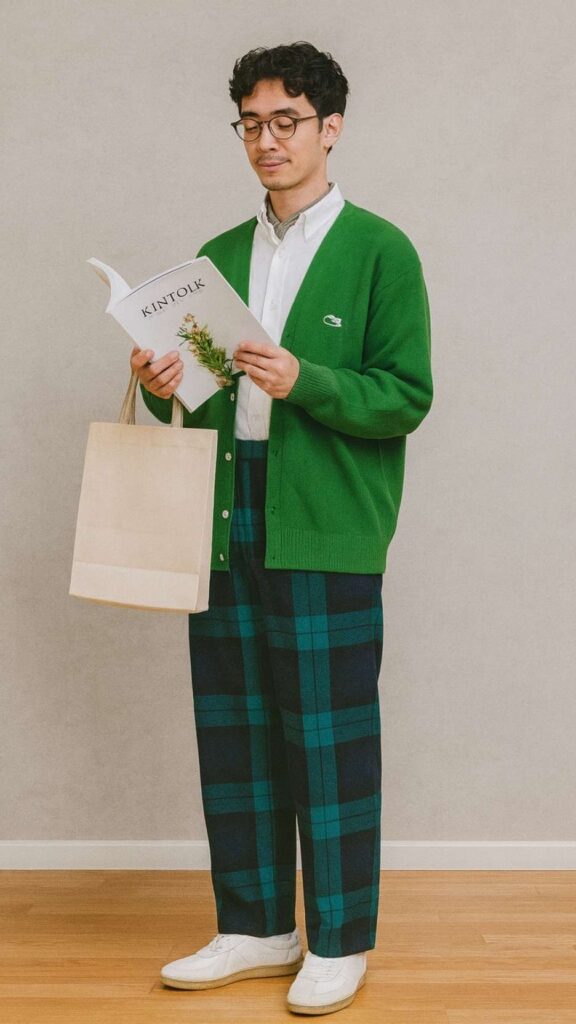 Kelly-Green Cardigan + White Button-Down Shirt + Dark Green/Navy Tartan Wide-Leg Trousers + White Slip-On Sneakers + Beige Canvas Tote + Short Neck Scarf