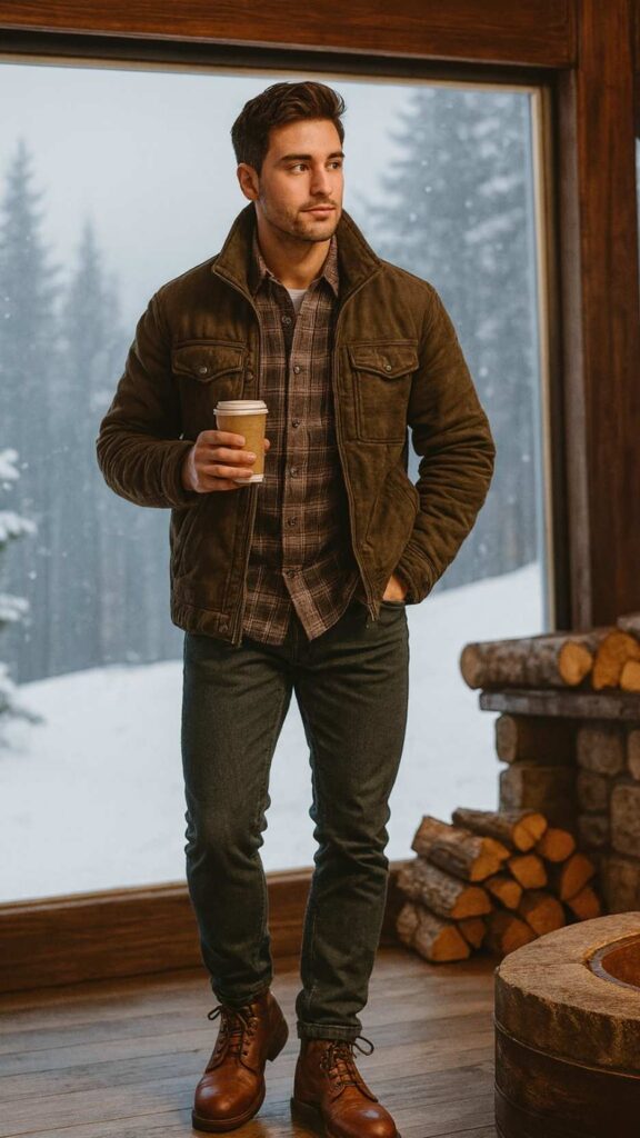 Olive Field Jacket + Brown Plaid Flannel Shirt + Dark Wash Jeans + Brown Leather Lace-Up Boots