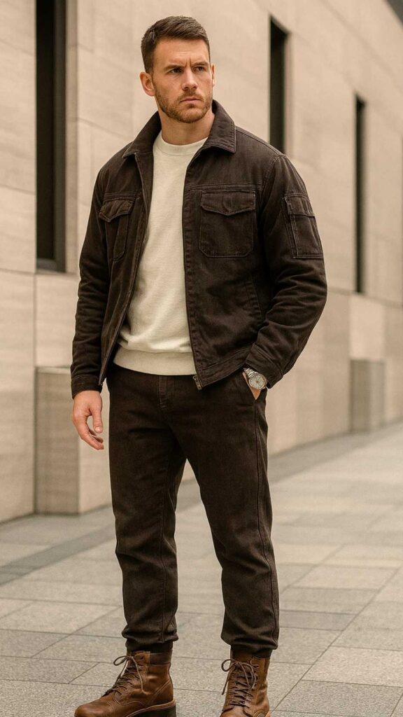 Dark Brown Utility Jacket + Off-White Sweatshirt + Brown Jogger Trousers + Brown Lug-Sole Combat Boots + Beaded Bracelet