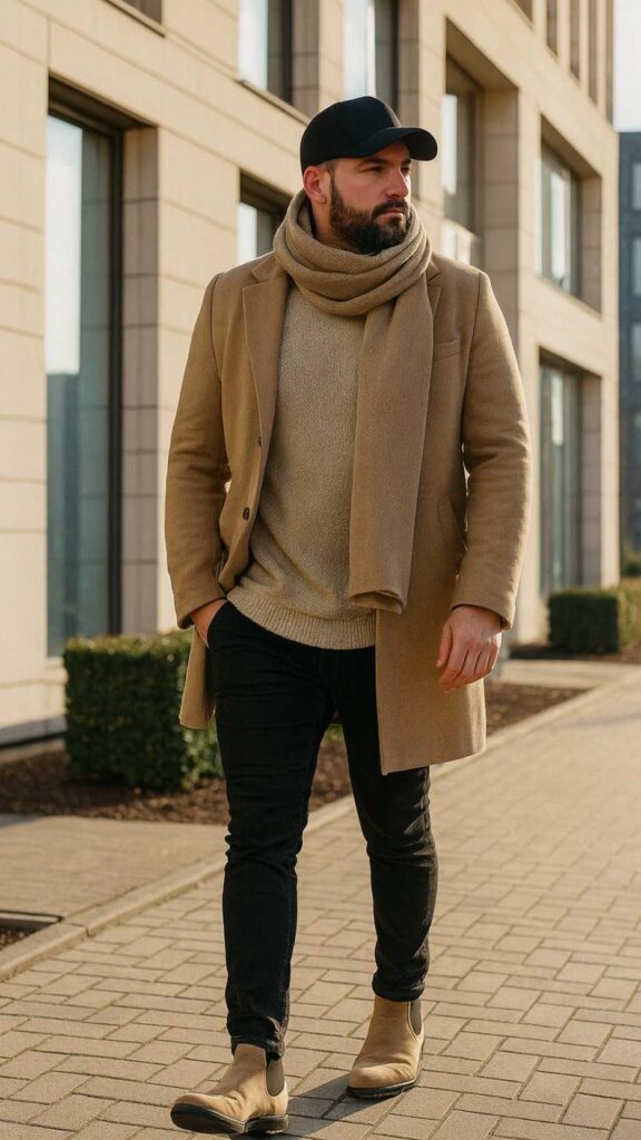 Camel Overcoat + Oatmeal Textured Sweater + Camel Scarf + Black Skinny Jeans + Beige Suede Chelsea Boots + Black Baseball Cap