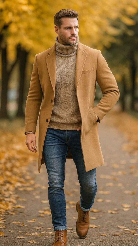 Rugged City Classic – Camel Overcoat + Camel Turtleneck + Mid-Wash Blue Jeans + Brown Leather Boots