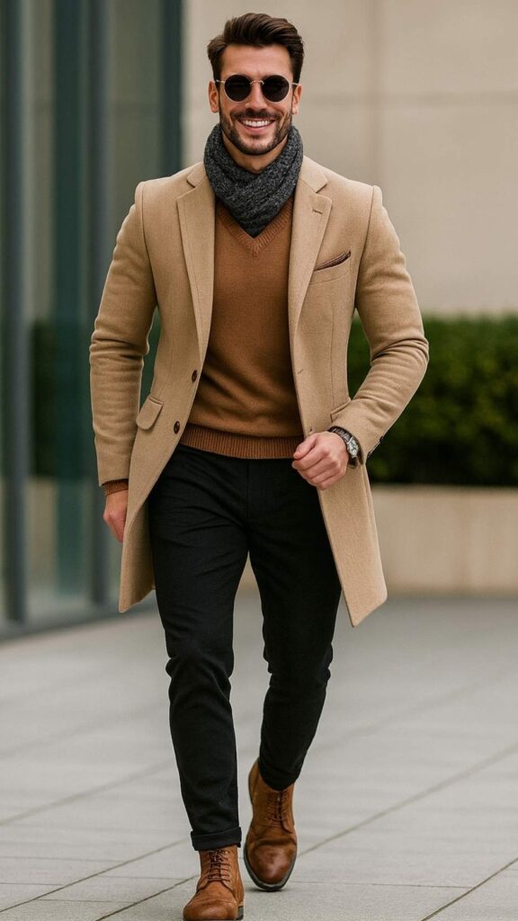 Camel Coat/Blazer + Mid-Brown Knit Sweater + Navy Chinos + Brown Leather Lace-Up Boots + Charcoal Knit Scarf + Sunglasses