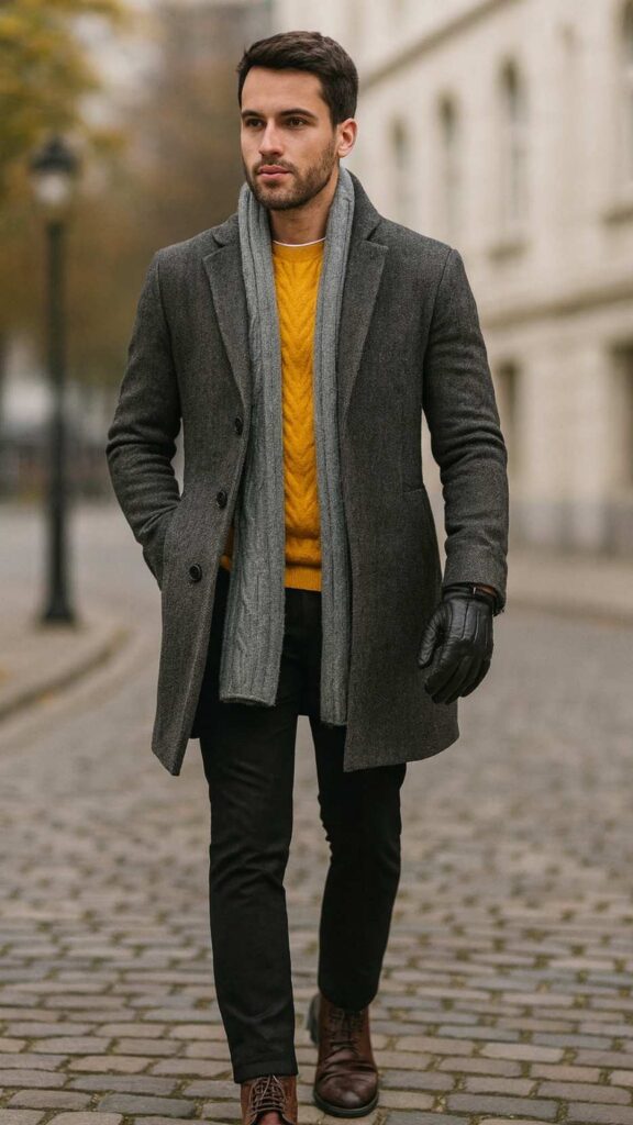 Charcoal Double-Breasted Overcoat + Mustard Cable-Knit Sweater + Black Slim Trousers + Brown Brogue Boots + Light Grey Scarf + Black Leather Gloves