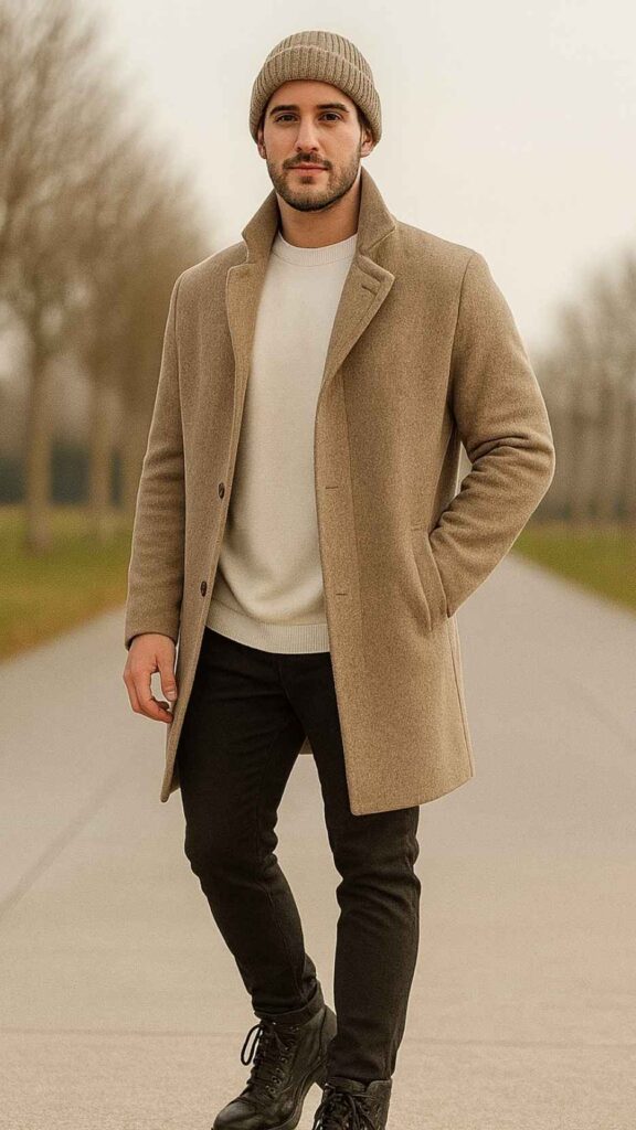 Camel Overcoat + White Sweatshirt + Black Slim Pants + Black High-Top Sneakers + Beige Knit Beanie