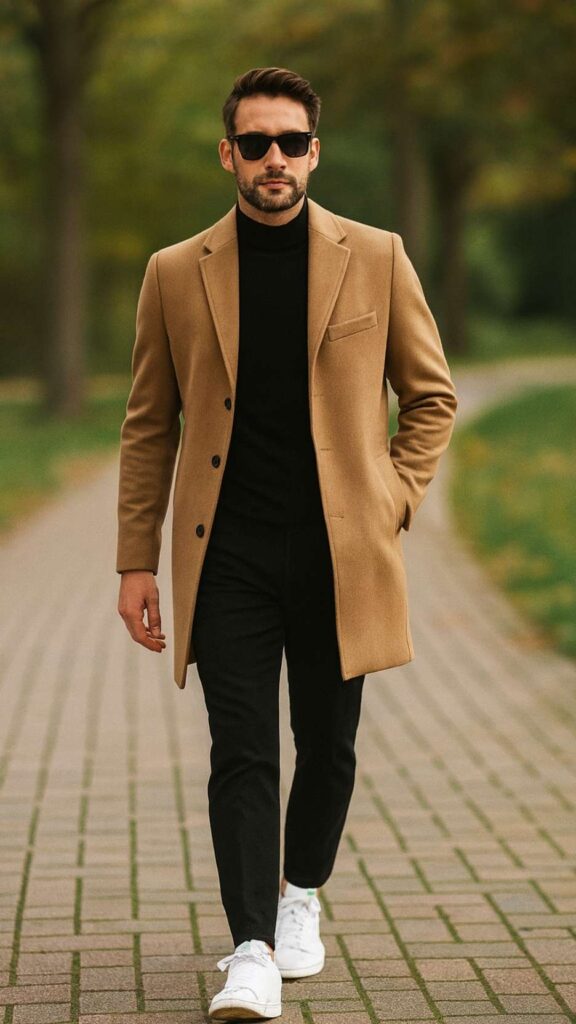 Camel Overcoat + Black Fine-Gauge Turtleneck + Black Tailored Trousers + White Leather Court Sneakers