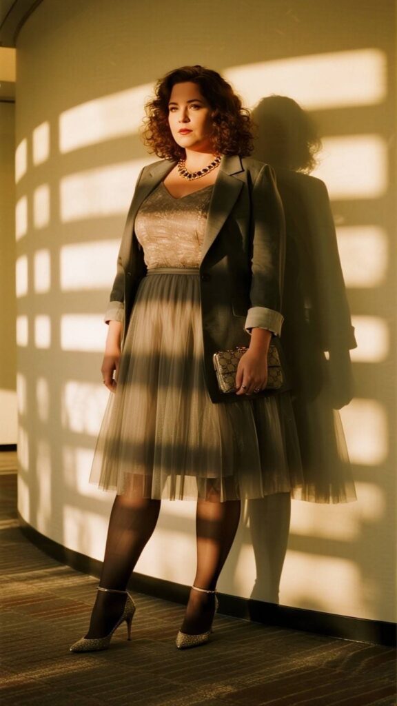 Soft Curls + Statement Necklace + Tulle Tea-Length Dress + Tailored Longline Blazer + Wristlet + Sheer Tights + Pointed-Toe Heels
