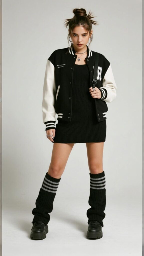 Glossy high bun + Ear cuff + Simple pendant + Cropped varsity bomber + Ribbed knit mini dress + Mini backpack + Over-the-knee socks + Chunky sneakers