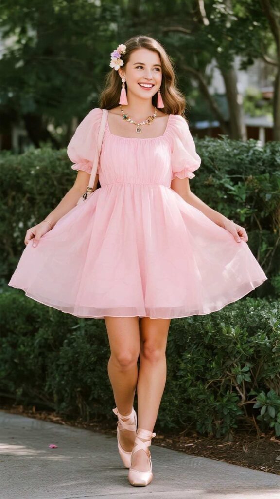 Floral Hair Clip + Tassel Earrings + Charm Necklace + Pink Babydoll HOCO Dress + Mini Backpack + Ballet Flats