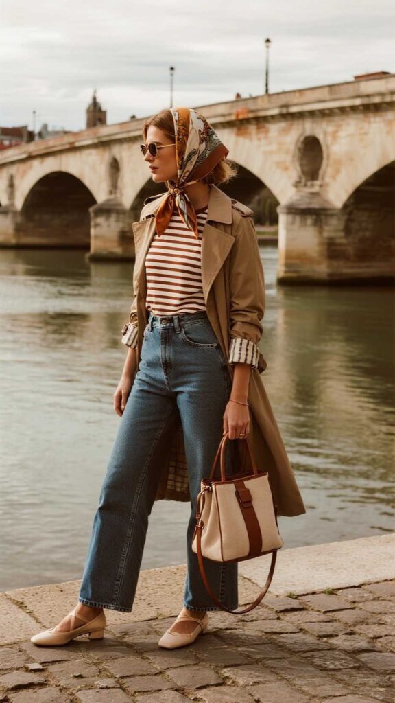 Silk Hair Scarf + Classic Trench Coat + Breton Stripe Tee + Wide-Leg Jeans + Ballet Flats + Bucket Bag