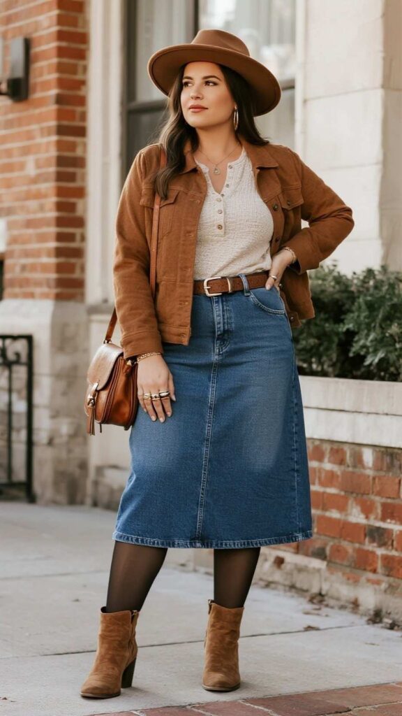 Wide-Brim Hat + Belted Wool Shacket + Henley Top + Front-Slit Denim Maxi Skirt + Thermal Tights + Western Ankle Boots + Crossbody Saddle Bag + Stacked Rings