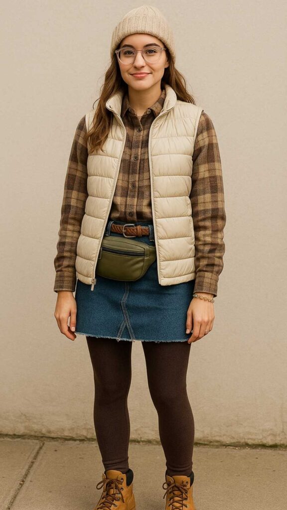 Cable-Knit Beanie + Clear Spectacles + Lightweight Puffer Vest + Brushed-Flannel Shirt + Raw-Hem Jean Skirt + Thermal Leggings + Hiking-Inspired Boots + Braided Belt + Nylon Belt Bag + Beaded Bracelet