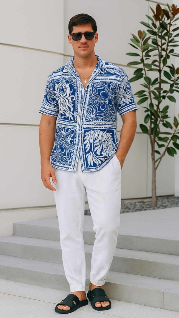 Blue And White Printed Shirt + White Linen Pants + Black Sandals + Sunglasses