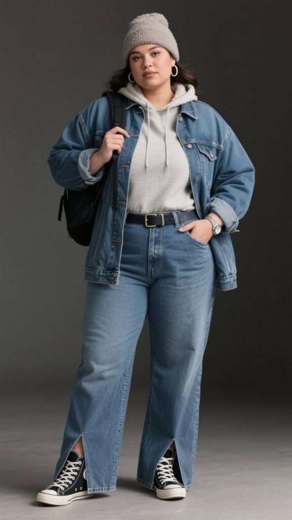 Beanie + plush hoodie + oversized denim chore jacket + wide-leg jeans + subtle belt + high-top sneakers + sleek backpack + small hoop earrings + split hems + watch