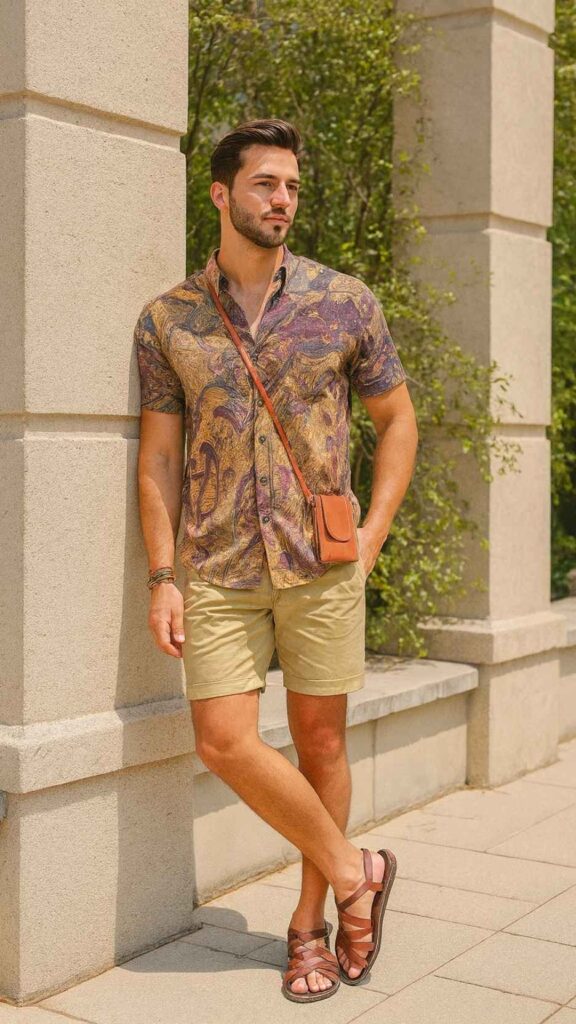 Multicolor Artistic Shirt + Tan Rolled Shorts + Brown Strapped Sandals + Bracelet + Mini Crossbody Bag