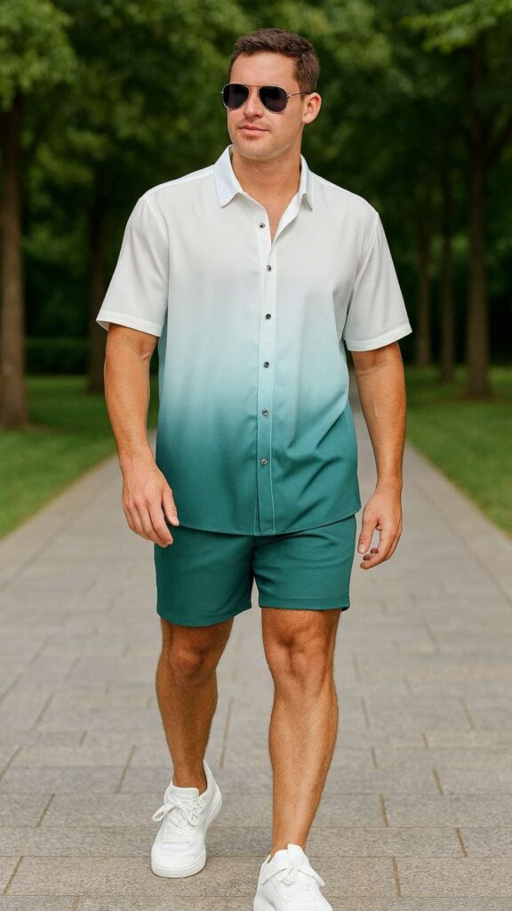 White-to-Teal Ombré Shirt + Teal Shorts + White Sneakers + Aviators