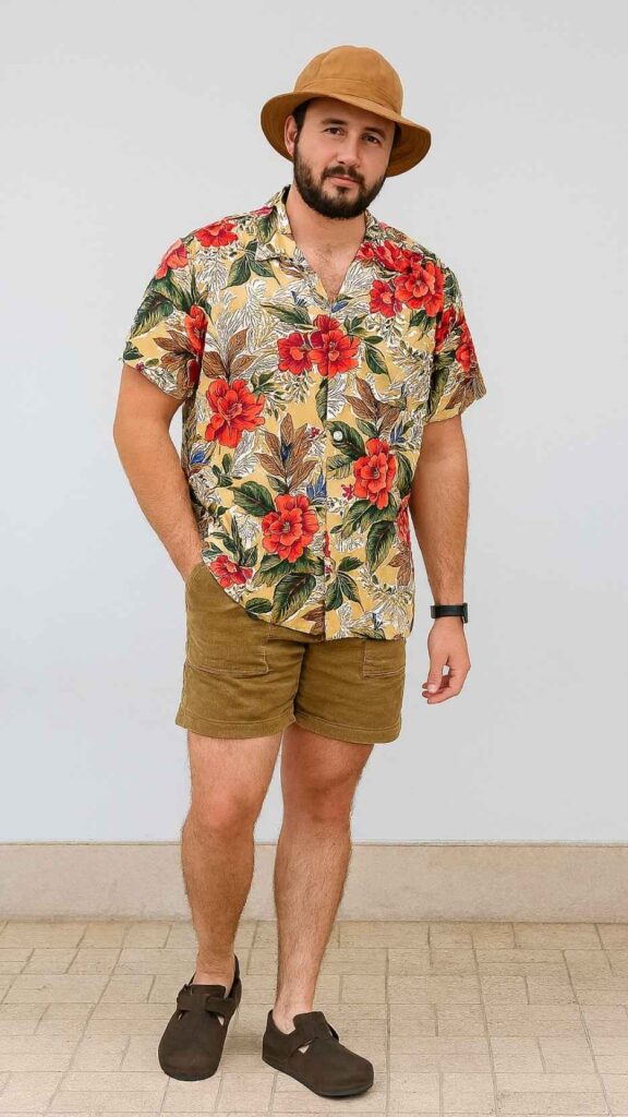 Tan Bucket Hat + Beige Floral Hawaiian Shirt + Brown Cord Shorts + Dark Suede Clogs