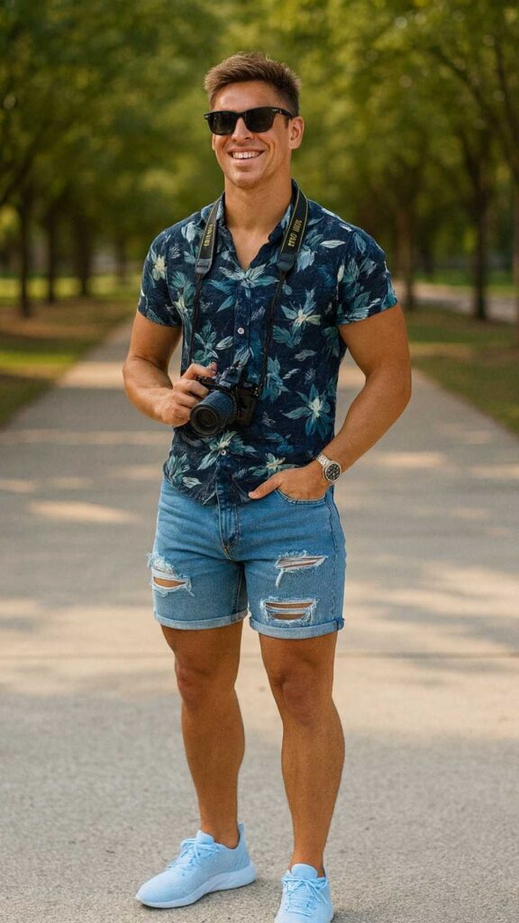 Navy Tropical Floral Shirt + Ripped Denim Shorts + Powder-Blue Knit Sneakers + Wayfarers + Camera Strap