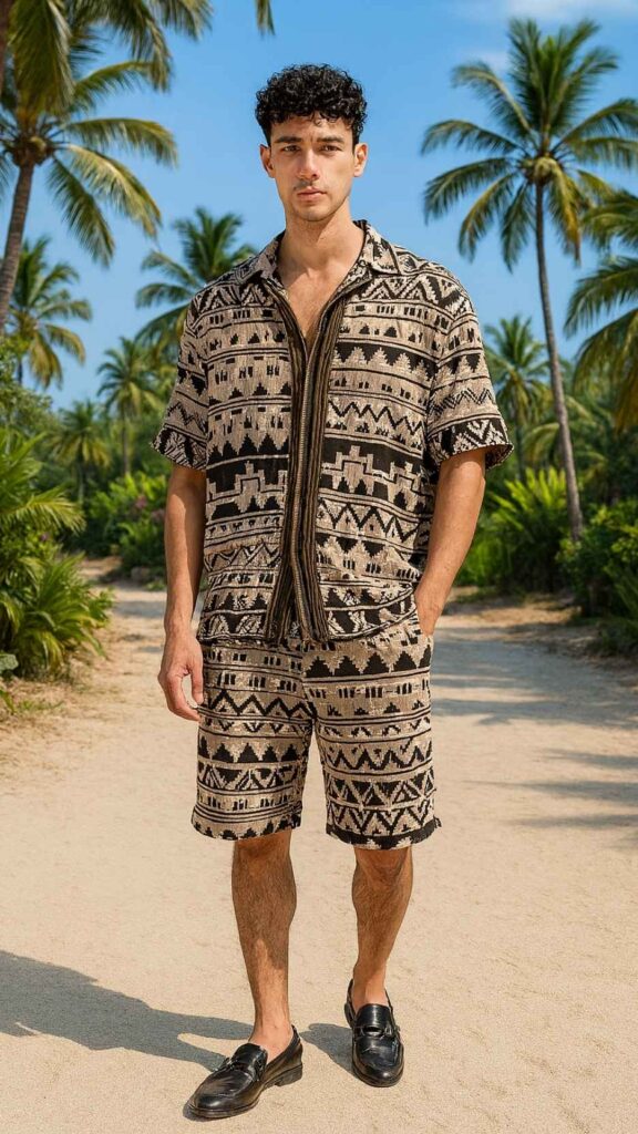 Beige Tribal Box Shirt + Matching Knee Shorts + Black Woven Loafers