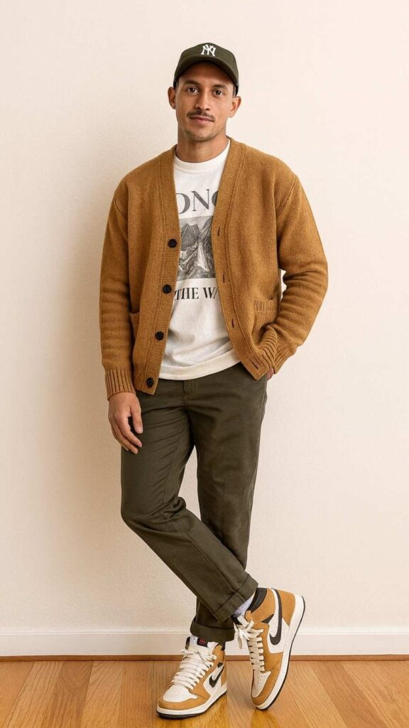 Camel Cardigan + White Graphic Tee + Olive Chinos (Cuffed) + Tan/White High-Top Sneakers + White Crew Socks + Green Baseball Cap + Pendant Necklace