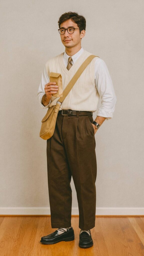 Cream Sweater Vest + White Long-Sleeve Shirt + Dark Brown Wide Pleated Trousers + Burgundy Loafers + White Socks + Tan Messenger Bag + Brown Belt