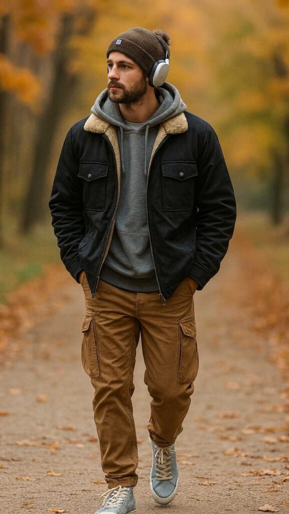 Black Sherpa-Collar Jacket + Gray Hoodie + Tan Cargo Pants + Gray/Blue Sneakers + Brown Beanie + Over-Ear Headphones