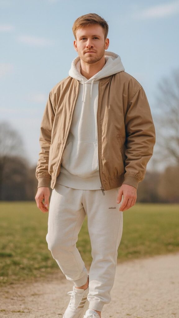 Sand Bomber Jacket + White Hoodie + Light Heather Joggers + White Low-Top Sneakers + White Socks