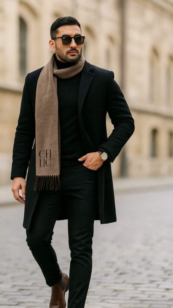 Black Overcoat + Black Turtleneck + Black Tailored Trousers + Brown Wool Scarf + Brown Leather Chelsea Boots + Dark Sunglasses + Watch
