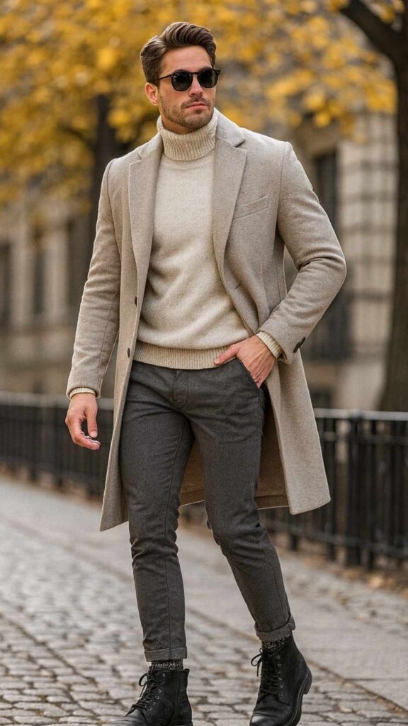 Grey Scale With Edge – Light-Grey Overcoat + Cream Turtleneck + Grey Skinny Jeans + Black Combat Boots