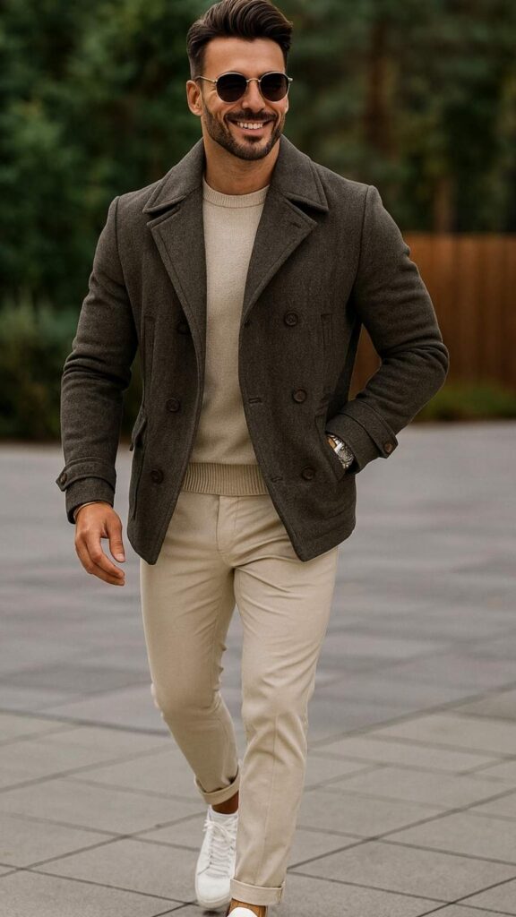 Charcoal/Olive Short Wool Jacket + Oatmeal Crewneck Sweater + Stone Chinos + White Leather Sneakers + Sunglasses
