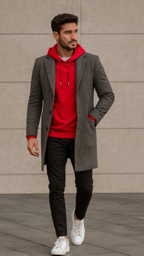 Grey Herringbone Overcoat + Bright Red Hoodie + Black Cropped Trousers + White Court Sneakers
