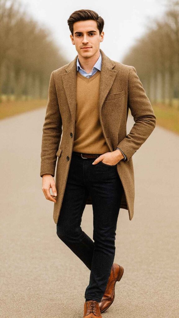Brown Tweed Overcoat + Camel V-Neck Sweater + Light Blue Oxford Shirt + Dark Indigo Jeans + Brown Brogue Shoes