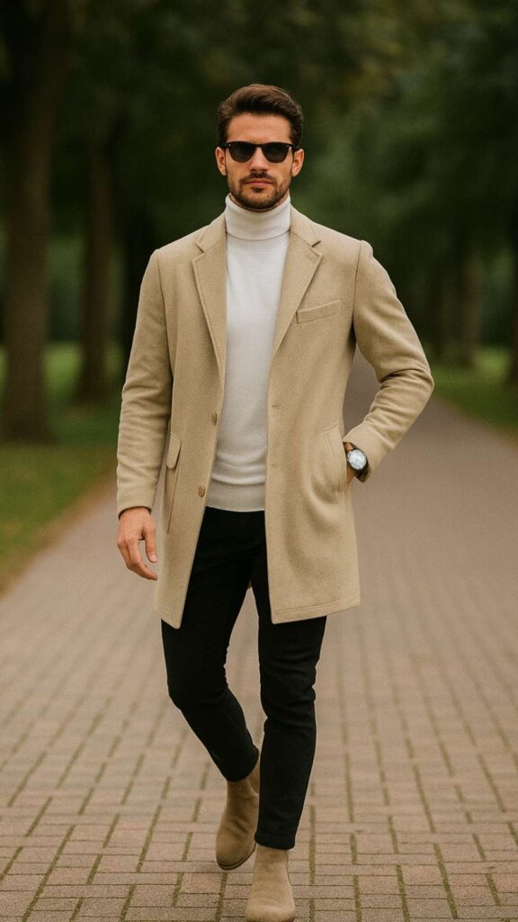 Light Beige Overcoat + White Turtleneck + Black Skinny Jeans + Beige Suede Chelsea Boots
