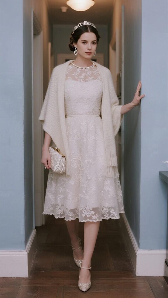 Braided Crown + Teardrop Earrings + Lace Fit-and-Flare Dress + Soft Knit Shawl + Pearl-Beaded Clutch + Bare Legs + Kitten Heels