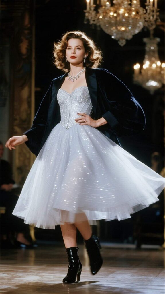 Hollywood waves + tulle corset dress + tailored cape blazer + tennis necklace + sleek ankle boots