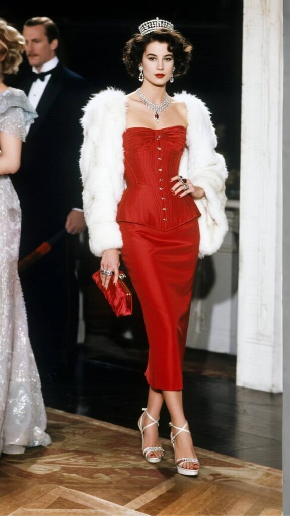 Tiny tiara comb + glossy waves + pavé hoops + station necklace + red corset-bodice dress + feather shrug + cocktail ring + satin clutch + platform sandals