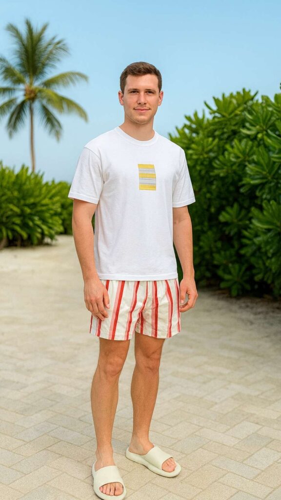 White Graphic Tee + Red and White Striped Shorts + White Slide Sandals