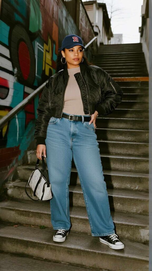 Baseball Cap + Quilted Bomber Jacket + Mock-Neck Top + Wide-Leg Jeans + High-Top Sneakers + Belt Bag