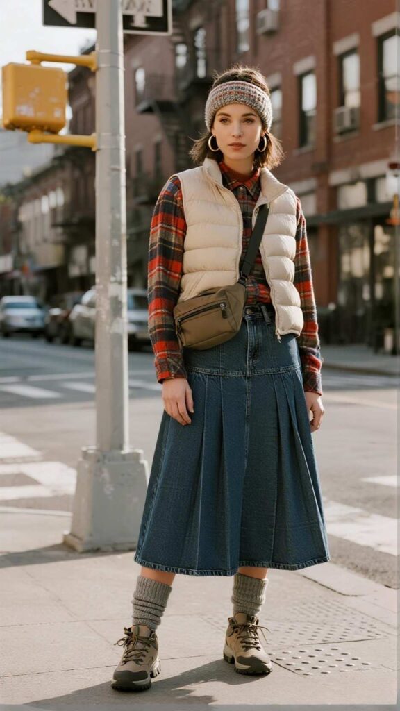 Knit Headband + Puffer Vest + Flannel Shirt + Pleated Denim Skirt + Cozy Leg Warmers + Trail Sneakers + Nylon Belt Bag + Hoop Earrings